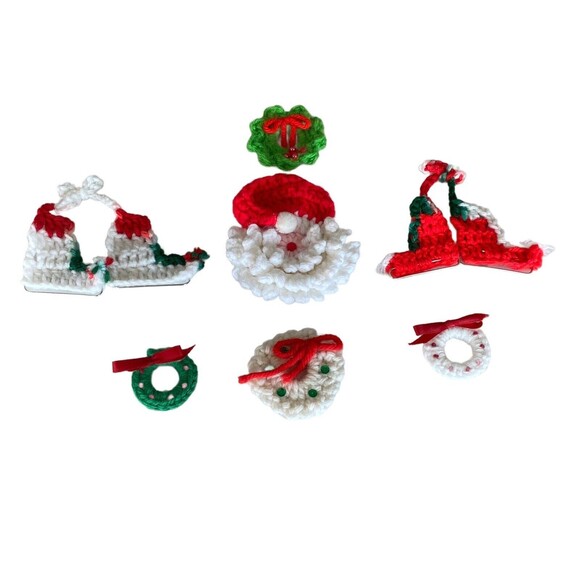 Hand Made Set of 7 Crochet Christmas Pins, Santa Claus Wreats Skates Girl Gifts - Picture 2 of 11